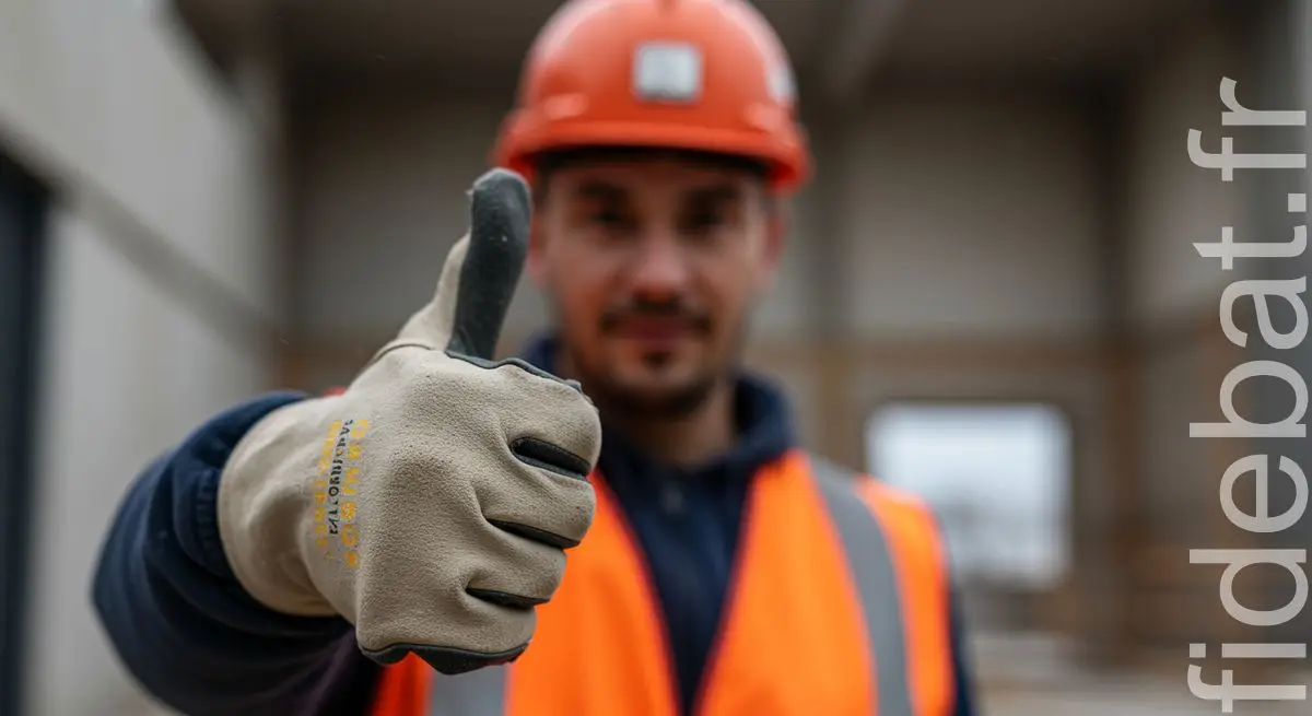 Ouvrier du bâtiment en gilet orange et casque de chantier faisant un pouce levé sur un chantier de construction