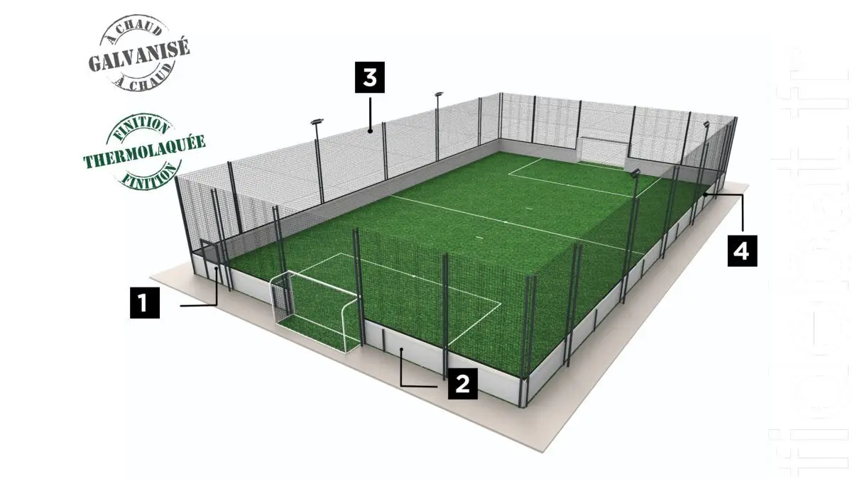 Schéma technique d'un City Stade multisport avec gazon synthétique, clôture grillagée galvanisée et éclairage intégré